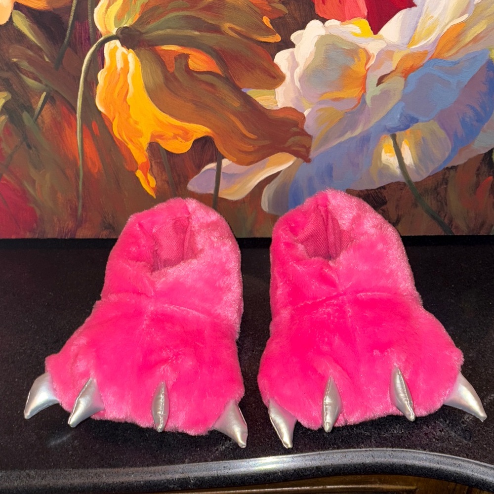 NWOT FUN Pink Furry Claw Slippers with Silver Claws